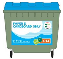Paper and cardboard only green wheelie bin with blue lid