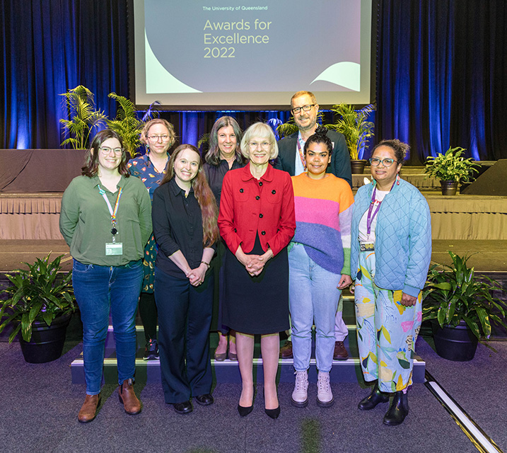 Library Aboriginal and Torres Strait Islander Initiatives Team, Reconciliation Winners, 2022 UQ Awards for Excellence with Professor Deborah Terry AO, Vice-Chancellor and President.