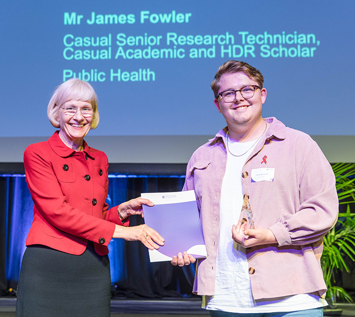 James Fowler, UQ Ally Award Winner, 2022 UQ Awards for Excellence with Professor Deborah Terry AO, Vice-Chancellor and President.