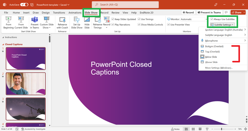 Microsoft Powerpoint is displayed on screen with the UQ slideshow template open. The "Slide Show" menu on the toolbar is open and outlinned in green. The "Always Use Subtitles" check box on the far right of the tool bar is checked. "Always Use Subtitles" and the "Subtitle Settings" button is outlinned in green. The "Subtitle Settings" sub-menu os open, the placement of subtitles on screen has a red line next to it to indicate one could be selected.