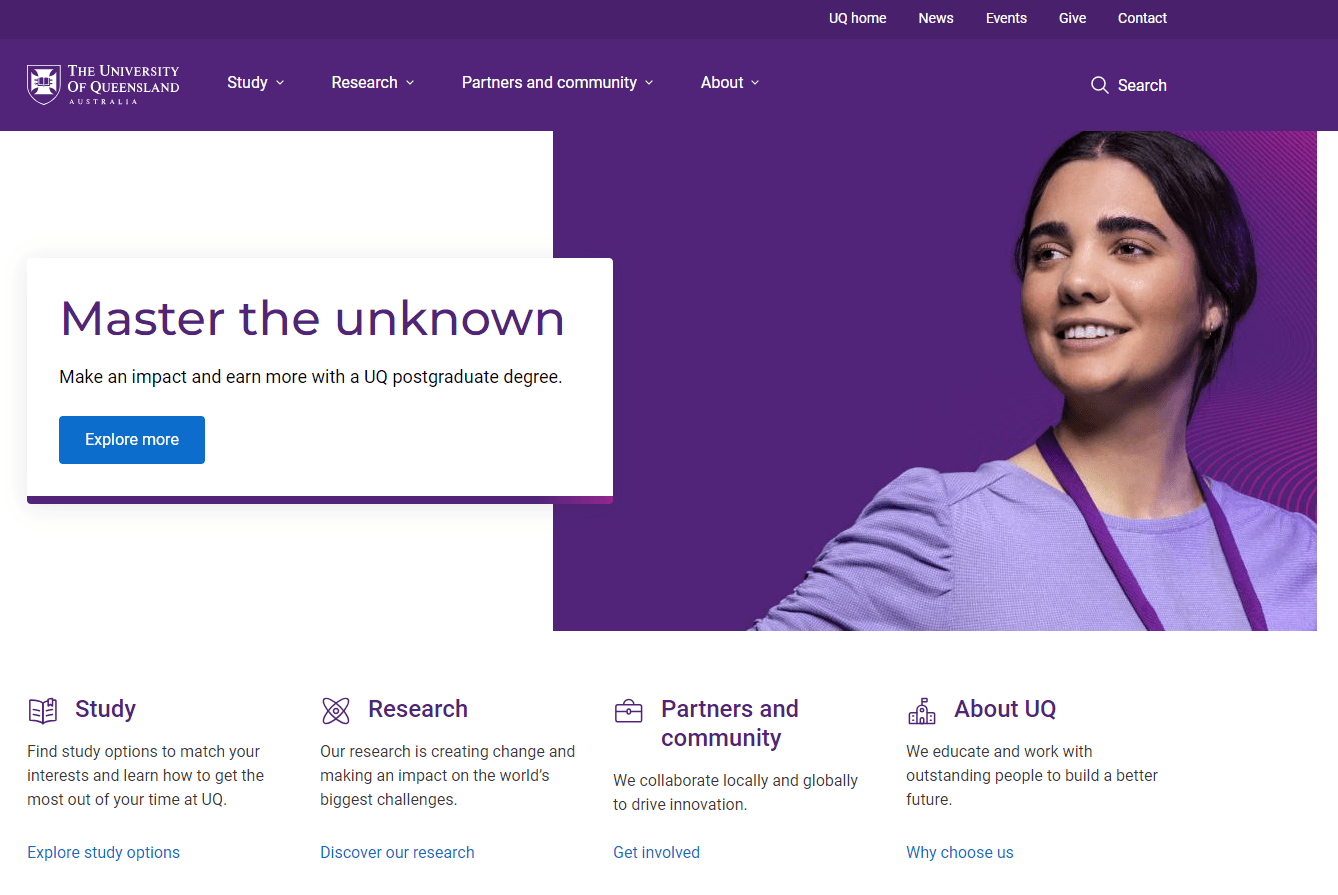 Example of a hero banner at the top of the UQ homepage as viewed on a desktop, positioned beside the page heading.