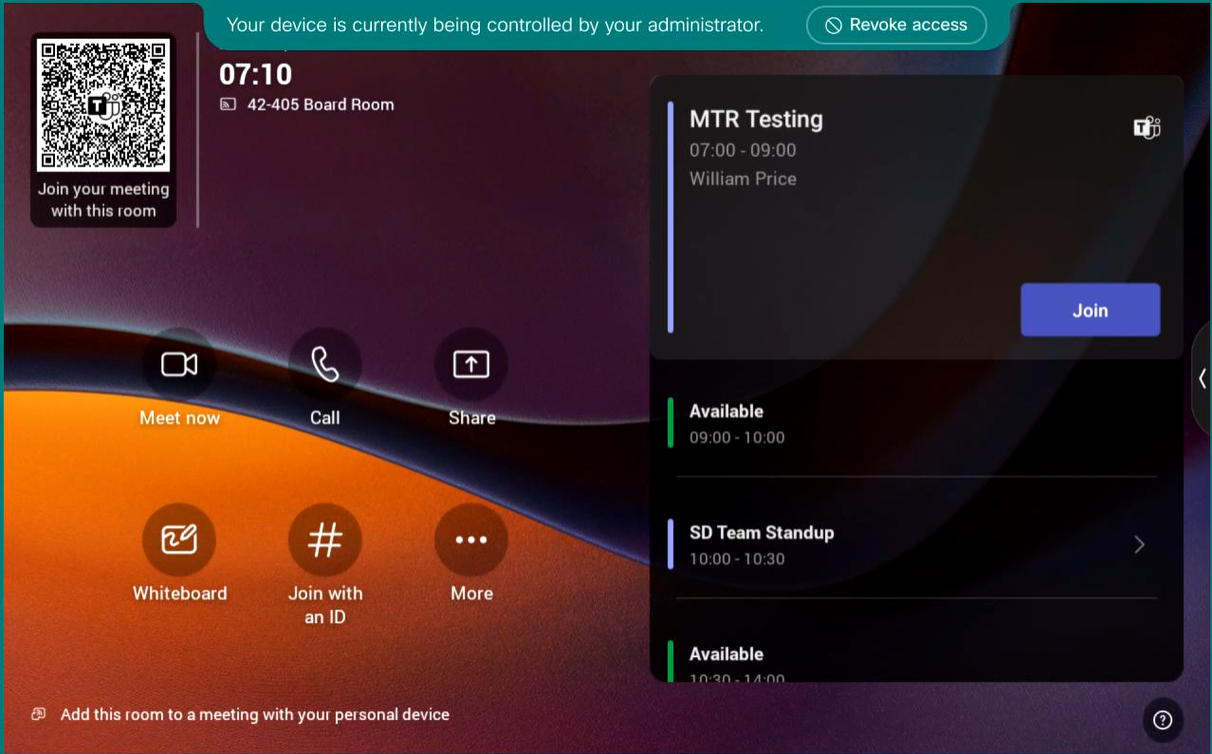 microsoft teams rooms touch panel screen displaying scheduled meeting with option to join