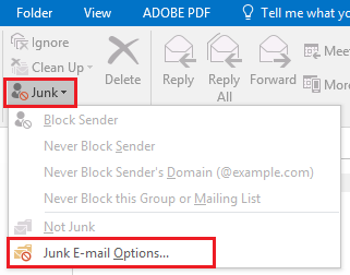 Screenshot of 'Junk' tab with 'Junk Email Options...' selected