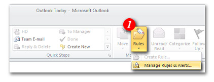 Screenshot of the Outlook top menu with the 'Rules' button and 'Manage Rules & Alerts...' tab selected