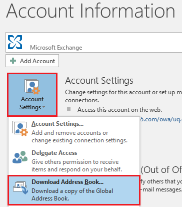 Screenshot of the 'Account Information' window with the 'Account Settings'  and 'Download Address Book...' buttons selected