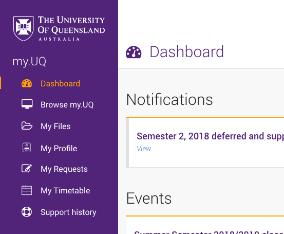 Support History option in the my.UQ dashboard