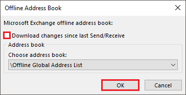 Screenshot of the 'Offline Address Book' window with the 'Download changes since last Send/Receive' and 'OK' options selected.