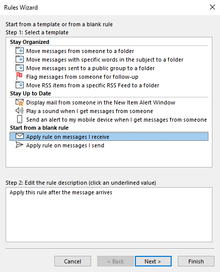 Screenshot of the 'Rules Wizard window with the 'Start from a blank rule' section selected