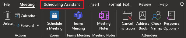 Screenshot of the Outlook ribbon menu's Meeting tab with the Scheduling Assistant highlighted