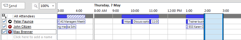 Screenshot of the Scheduling Assistant calendar view showing where attendees and rooms are free or in use