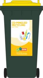 Recycling green wheelie bin (co-mingled waste) with yellow lid