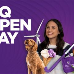 A smiling young woman next to text reading 'UQ Open Day'. A dog, a violin, a wind turbine, and a jacaranda flower surround the woman. 