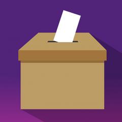 A digital illustration of a brown ballot box with a piece of paper sticking out the top