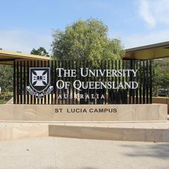 A University of Queensland sign made of sandstone and wood in front of a tree